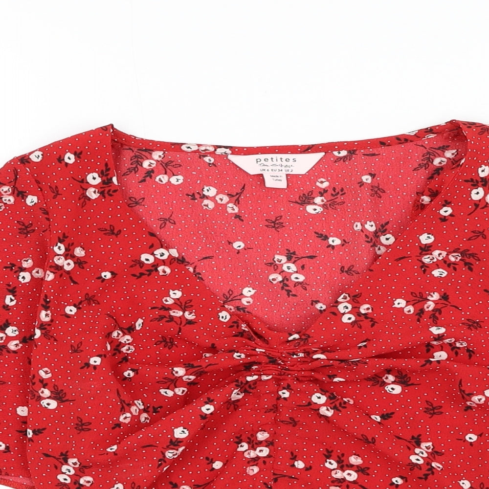 Miss Selfridge Womens Red Floral Polyester Cropped Blouse Size 6 V-Neck