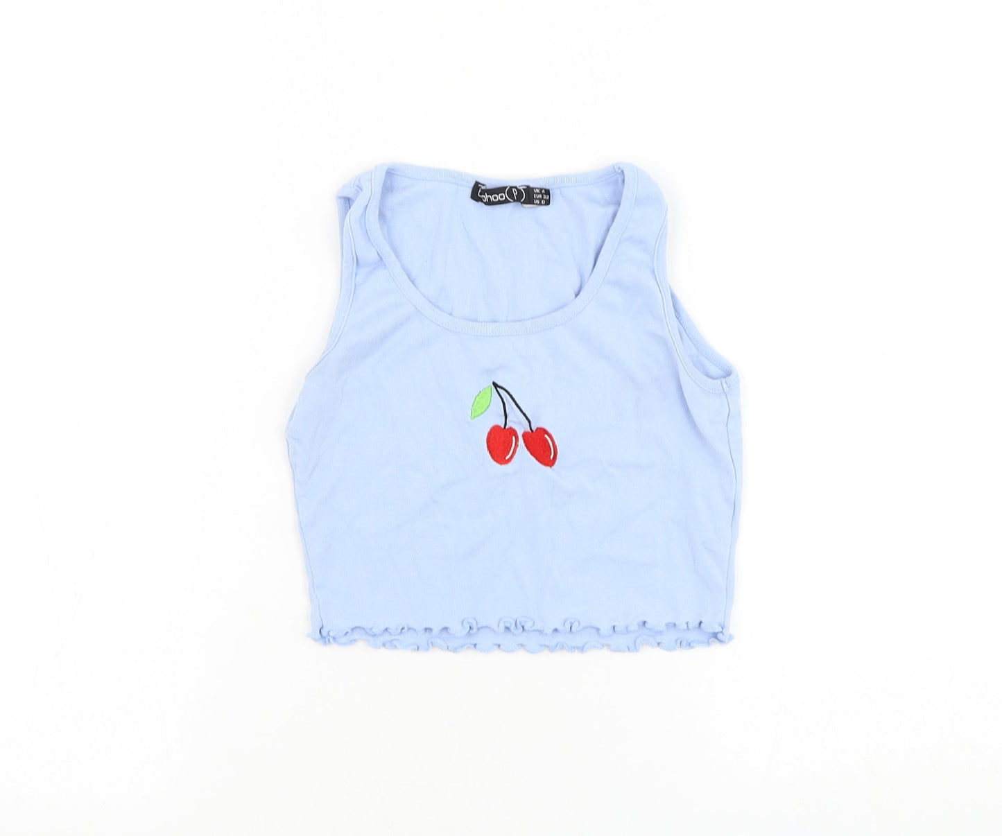 Boohoo Womens Blue Cotton Cropped Tank Size 4 Round Neck - Cherry Lettuce Hem