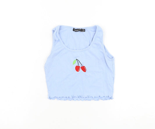 Boohoo Womens Blue Cotton Cropped Tank Size 4 Round Neck - Cherry Lettuce Hem
