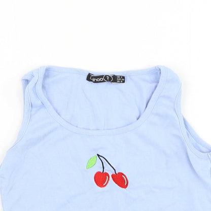 Boohoo Womens Blue Cotton Cropped Tank Size 4 Round Neck - Cherry Lettuce Hem