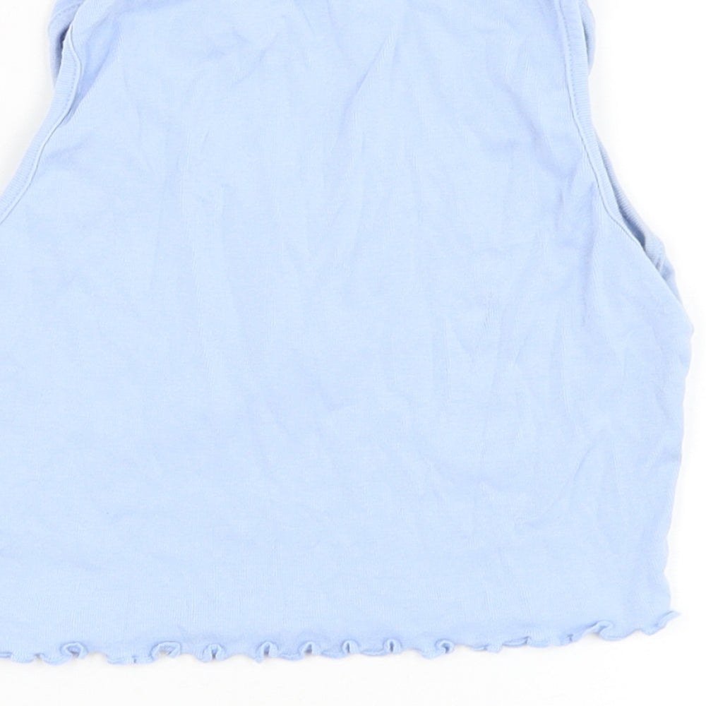Boohoo Womens Blue Cotton Cropped Tank Size 4 Round Neck - Cherry Lettuce Hem