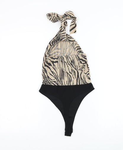 Boohoo Womens Beige Animal Print Polyester Bodysuit One-Piece Size 6 Snap