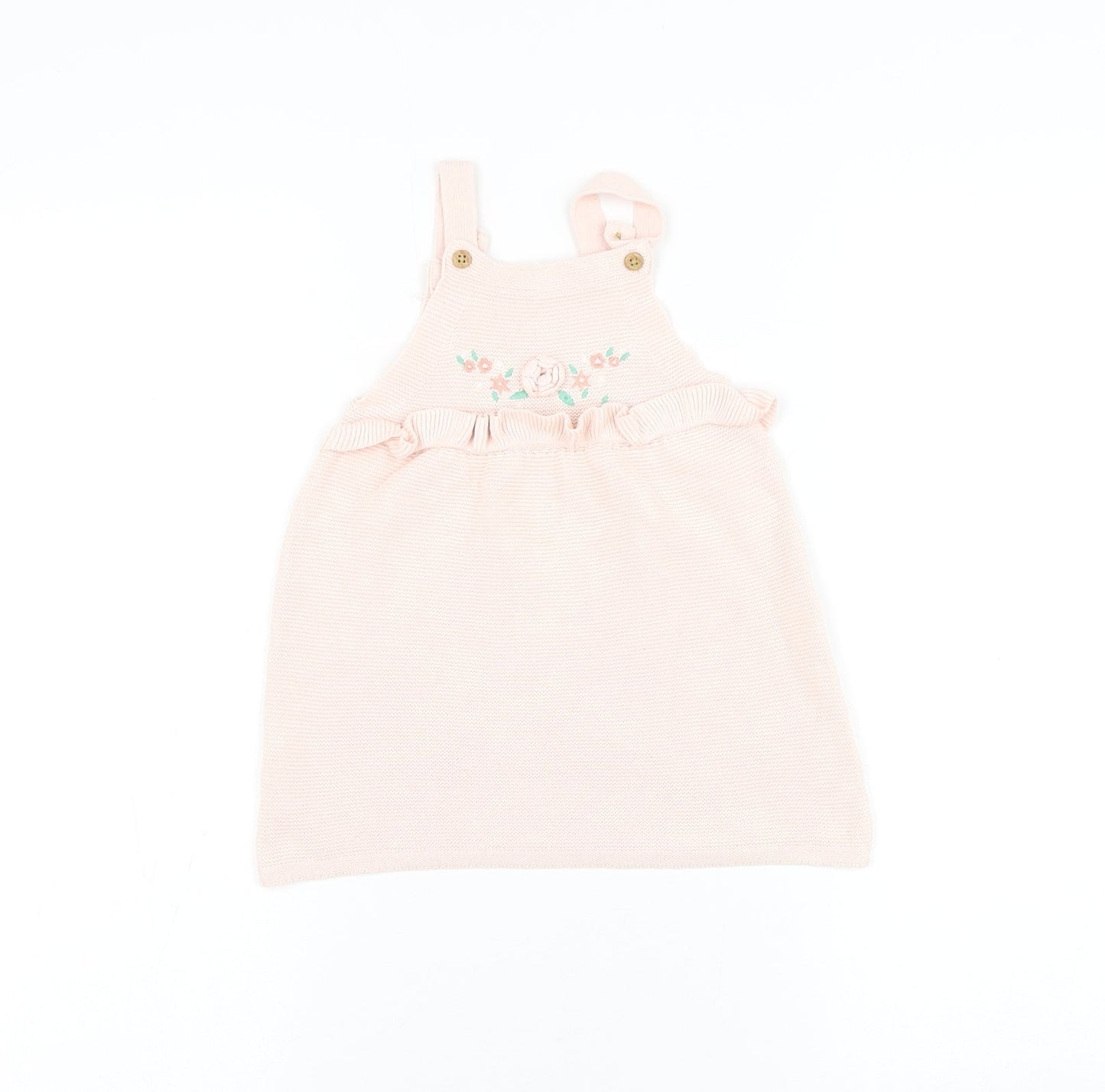 F&F Girls Pink Cotton Pinafore/Dungaree Dress Size 12-18 Months Square Neck Button - Flower