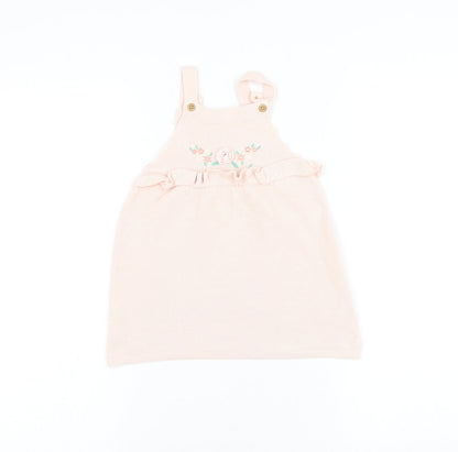 F&F Girls Pink Cotton Pinafore/Dungaree Dress Size 12-18 Months Square Neck Button - Flower