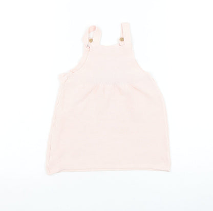 F&F Girls Pink Cotton Pinafore/Dungaree Dress Size 12-18 Months Square Neck Button - Flower