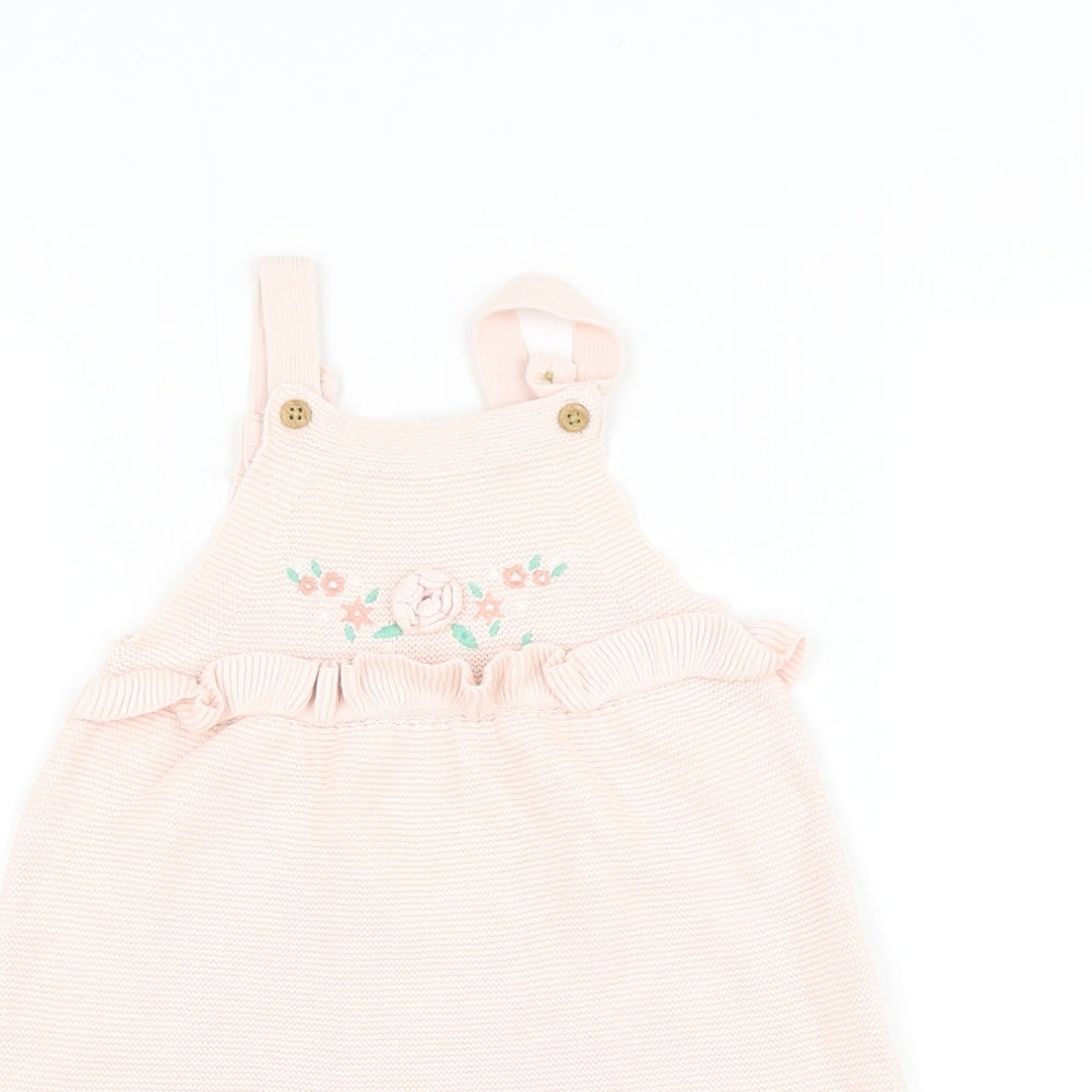 F&F Girls Pink Cotton Pinafore/Dungaree Dress Size 12-18 Months Square Neck Button - Flower