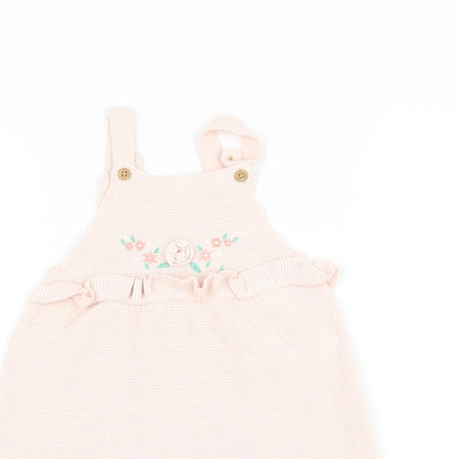 F&F Girls Pink Cotton Pinafore/Dungaree Dress Size 12-18 Months Square Neck Button - Flower