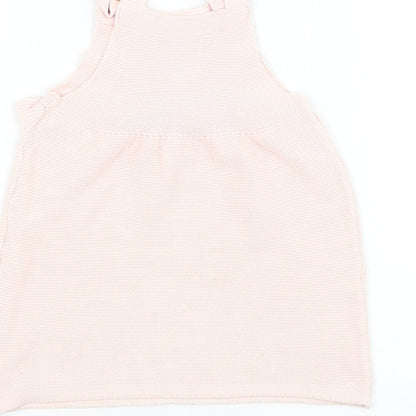 F&F Girls Pink Cotton Pinafore/Dungaree Dress Size 12-18 Months Square Neck Button - Flower