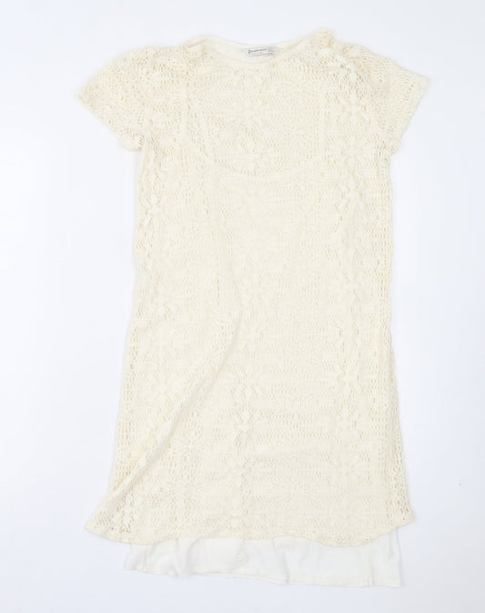 Stradivarius Womens Ivory Geometric Acrylic A-Line Size L Boat Neck Pullover