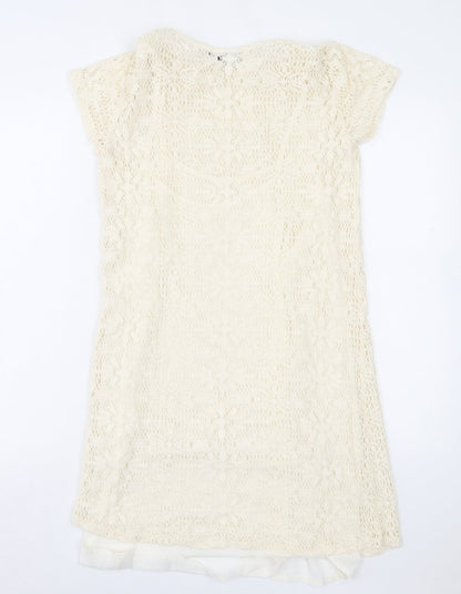Stradivarius Womens Ivory Geometric Acrylic A-Line Size L Boat Neck Pullover