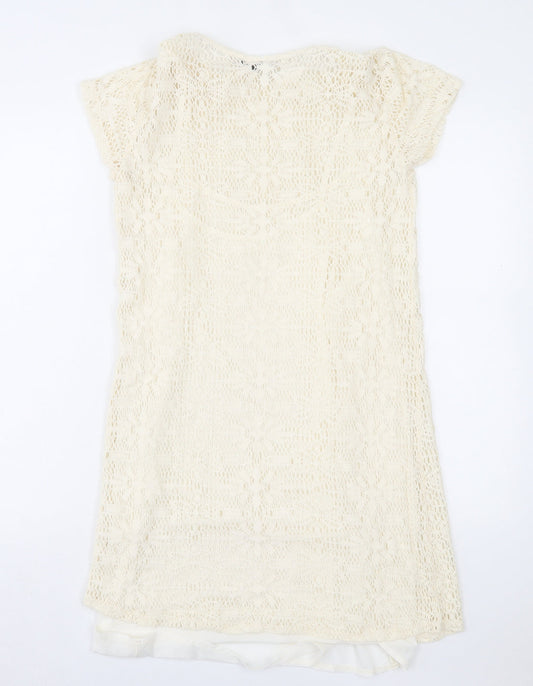 Stradivarius Womens Ivory Geometric Acrylic A-Line Size L Boat Neck Pullover
