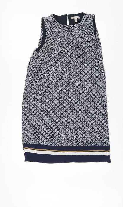 H&M Womens Blue Geometric Polyester A-Line Size 6 Round Neck Button