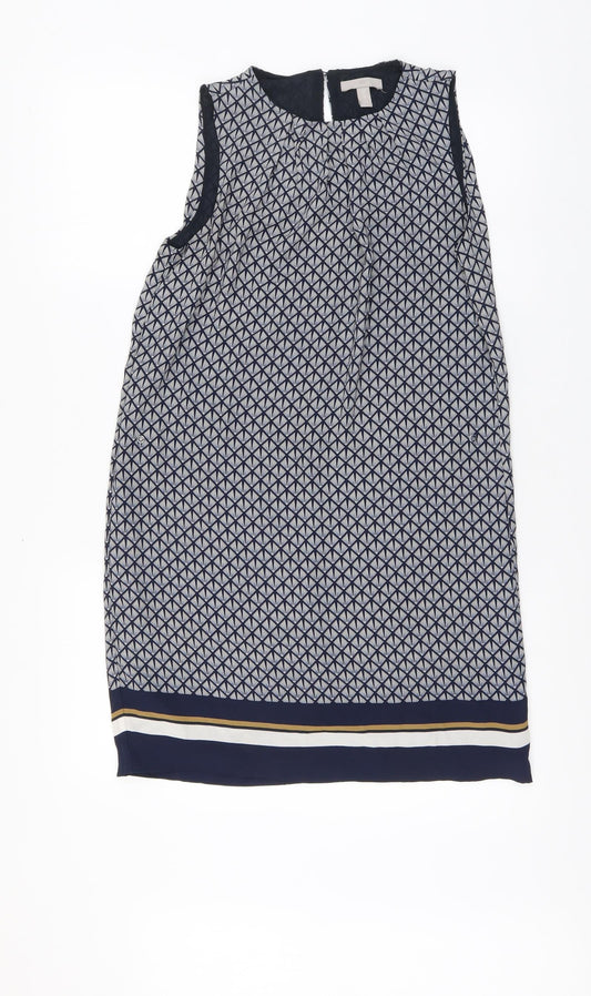H&M Womens Blue Geometric Polyester A-Line Size 6 Round Neck Button