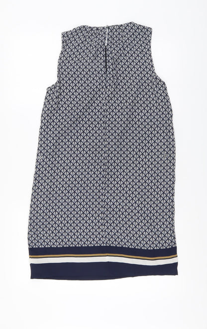 H&M Womens Blue Geometric Polyester A-Line Size 6 Round Neck Button
