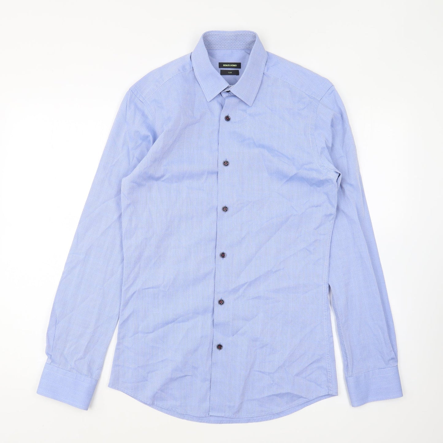 Remus Uomo Mens Blue Geometric Polyester Button-Up Size 14.5 Collared Button