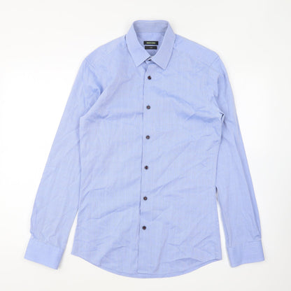 Remus Uomo Mens Blue Geometric Polyester Button-Up Size 14.5 Collared Button