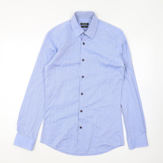 Remus Uomo Mens Blue Geometric Polyester Button-Up Size 14.5 Collared Button