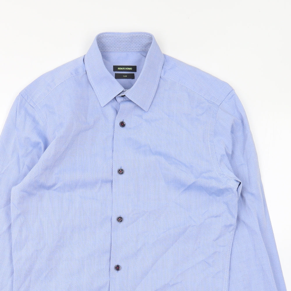 Remus Uomo Mens Blue Geometric Polyester Button-Up Size 14.5 Collared Button
