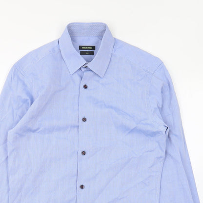 Remus Uomo Mens Blue Geometric Polyester Button-Up Size 14.5 Collared Button