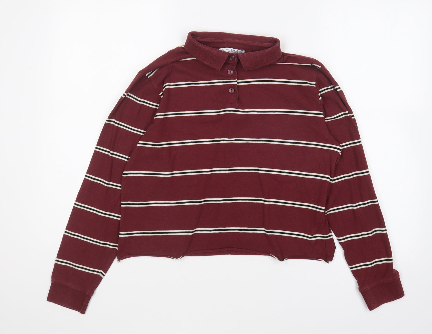 Pull&Bear Girls Purple Striped Cotton Basic Polo Size XS Collared Button