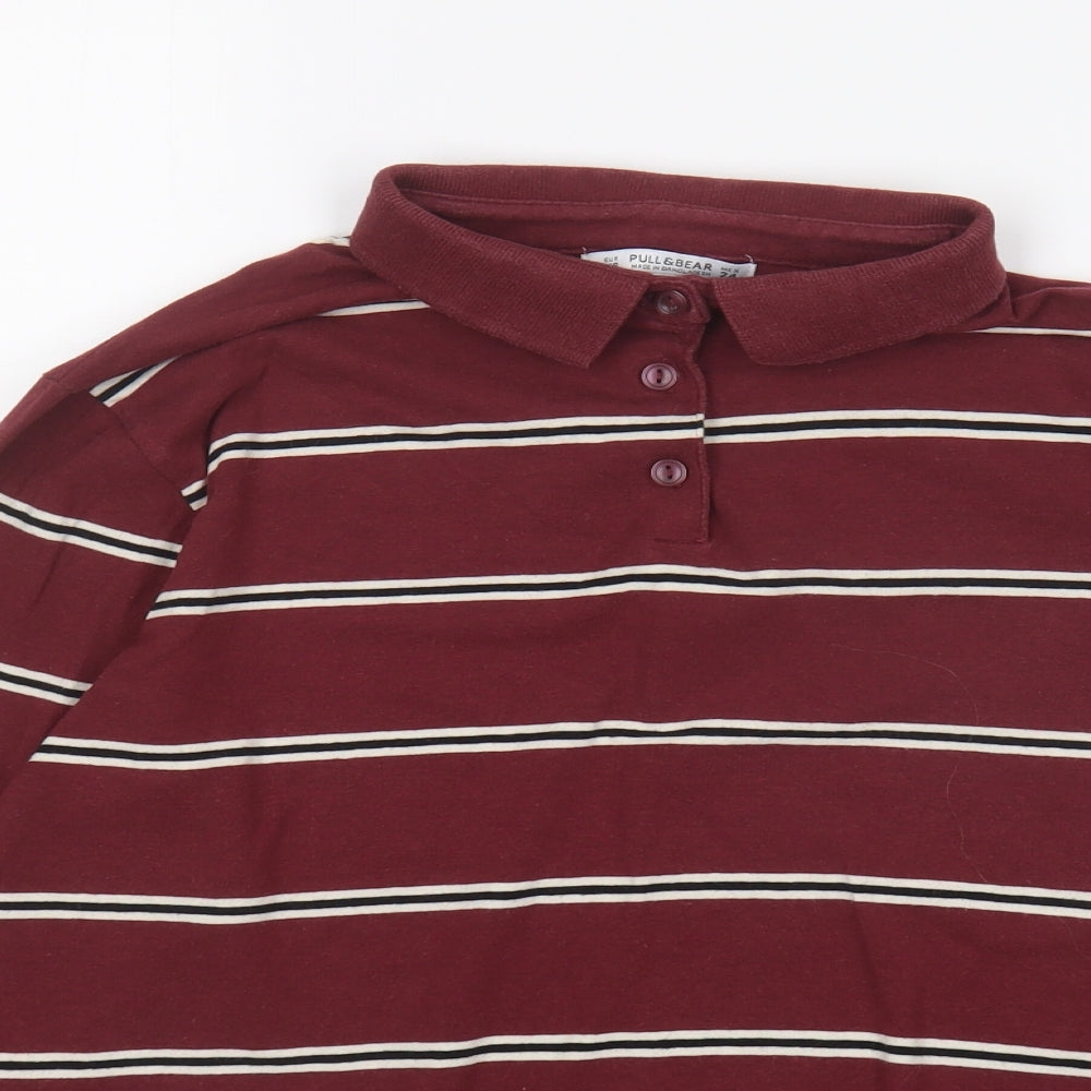 Pull&Bear Girls Purple Striped Cotton Basic Polo Size XS Collared Button