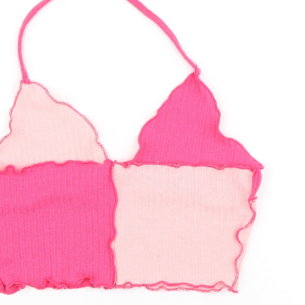 SheIn Womens Pink Colourblock Polyester Cropped Tank Size M V-Neck