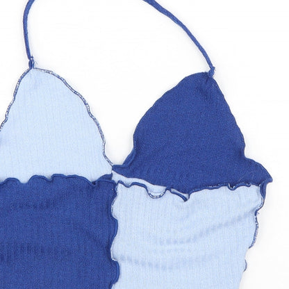 SheIn Womens Blue Colourblock Polyester Cropped Tank Size M V-Neck