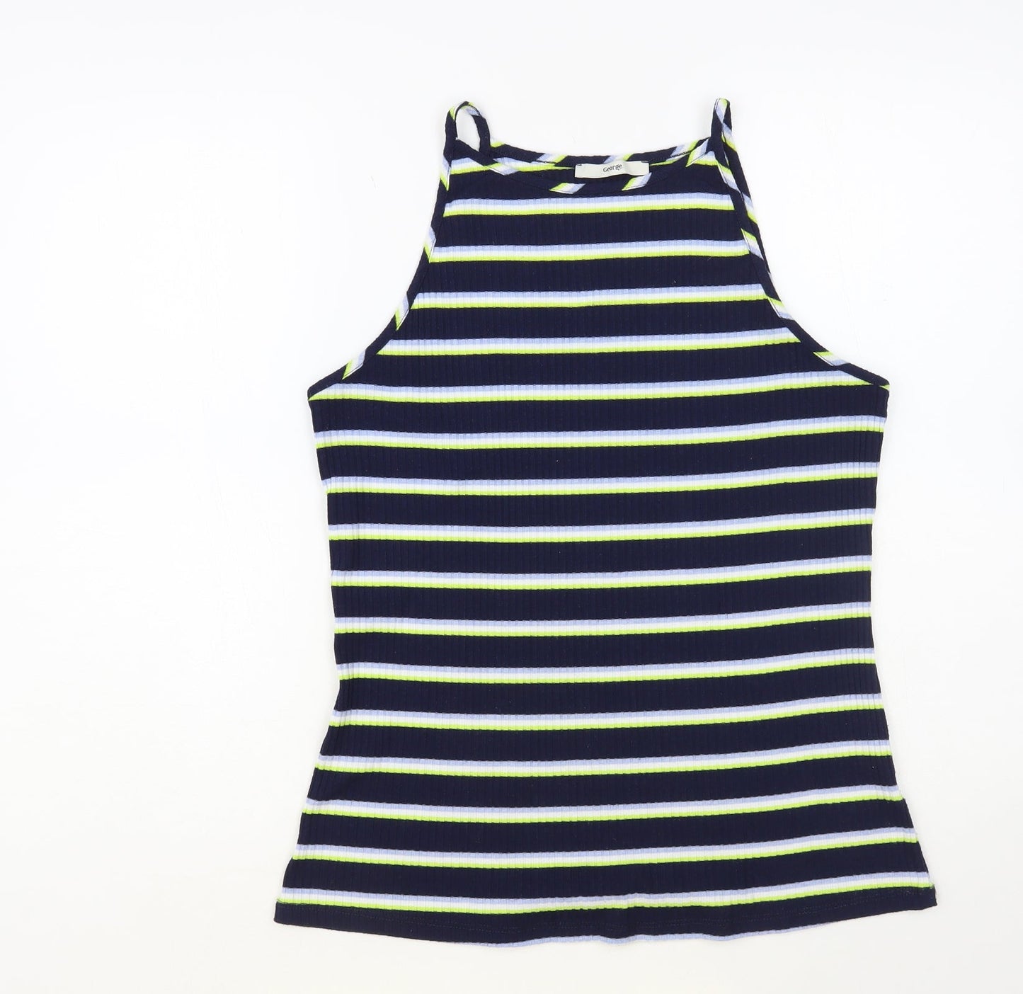 George Womens Blue Striped Polyester Basic Tank Size 14 Square Neck