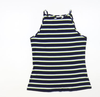 George Womens Blue Striped Polyester Basic Tank Size 14 Square Neck