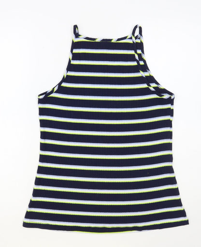 George Womens Blue Striped Polyester Basic Tank Size 14 Square Neck
