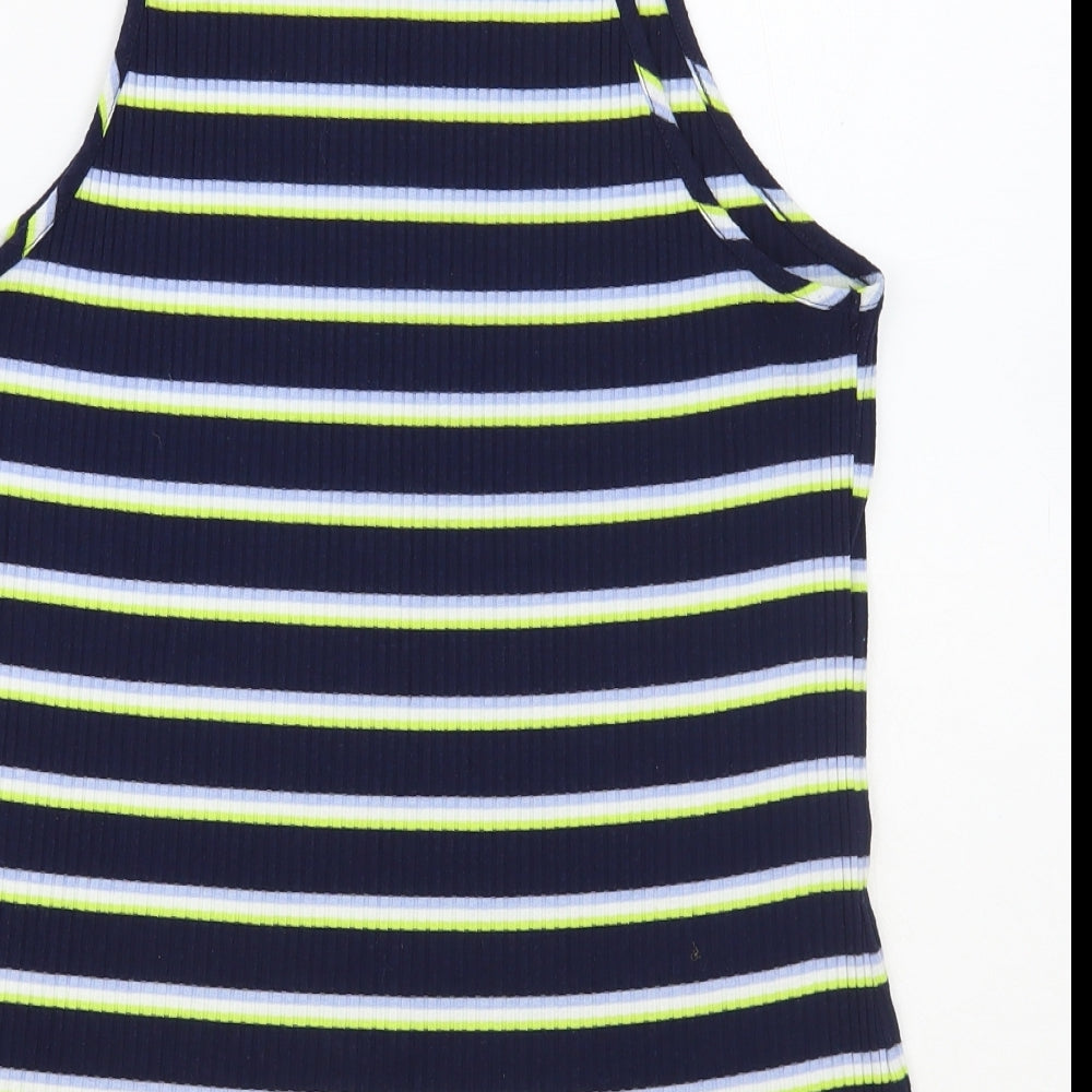 George Womens Blue Striped Polyester Basic Tank Size 14 Square Neck