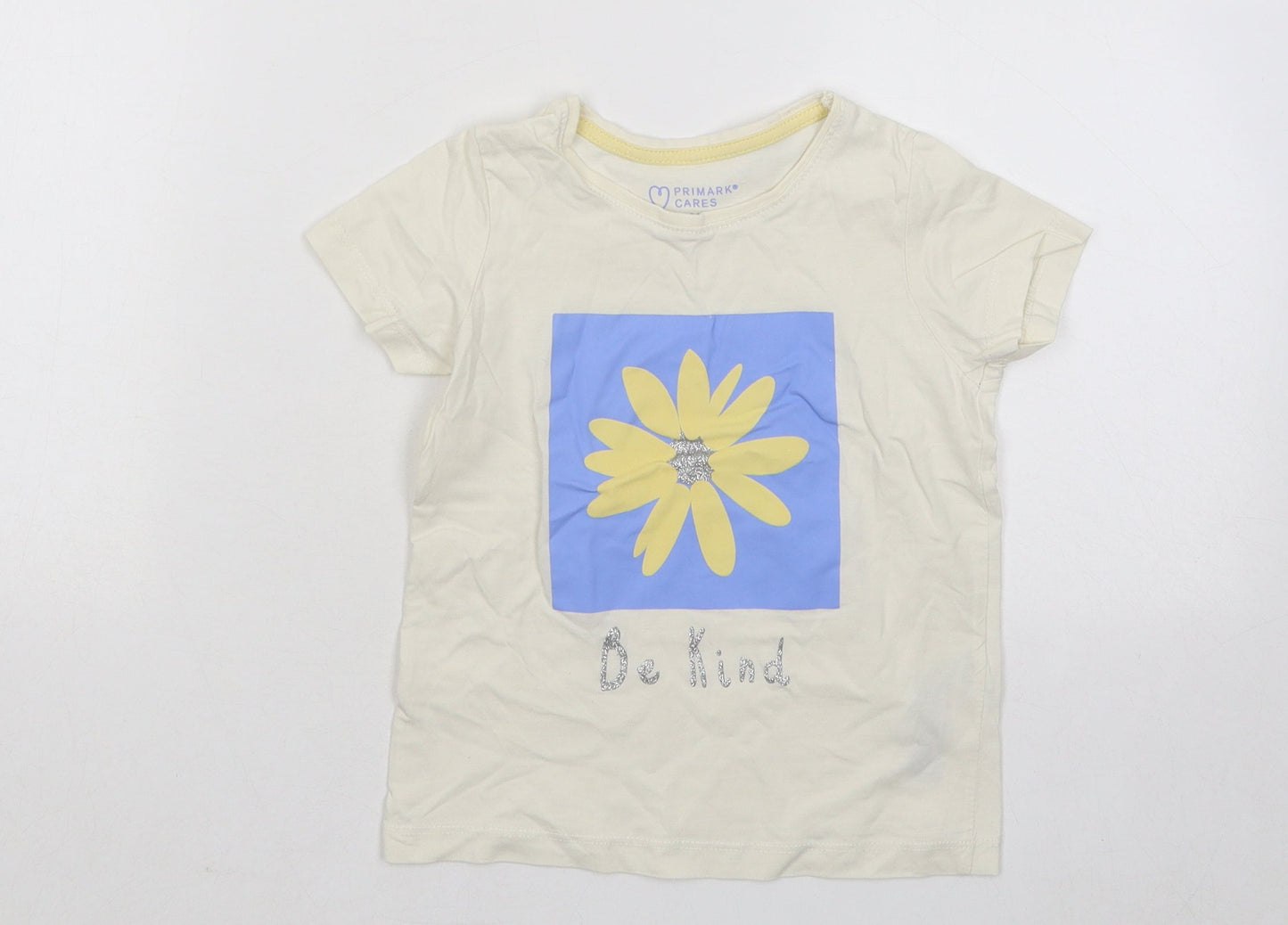 Primark Girls Beige Cotton Basic T-Shirt Size 3-4 Years Round Neck Pullover - Be Kind Flower