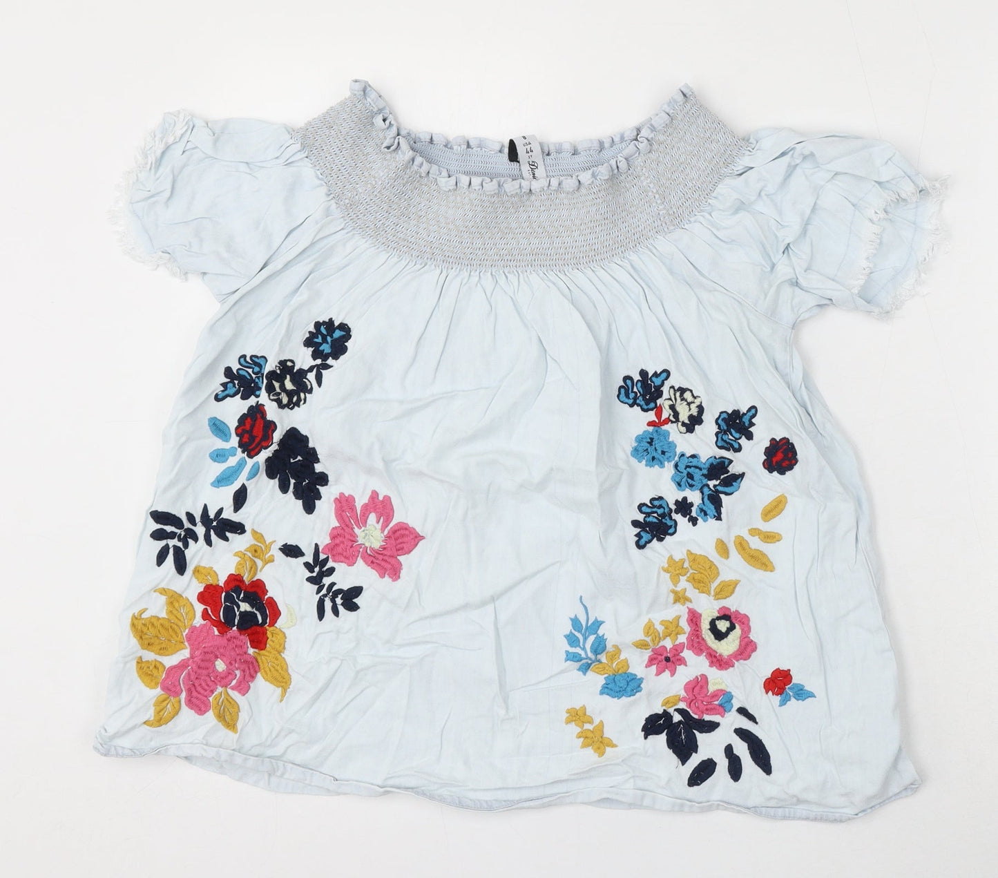 Denim & Co. Womens Blue Floral Cotton Basic Blouse Size 12 Round Neck