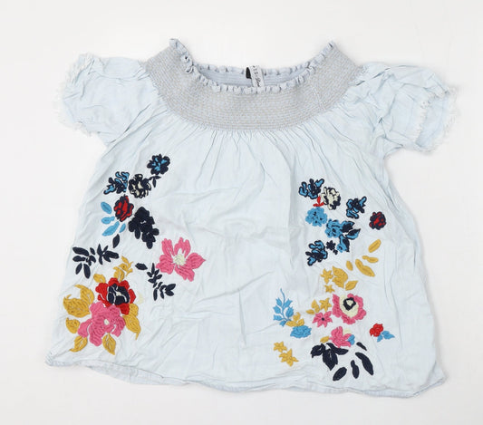 Denim & Co. Womens Blue Floral Cotton Basic Blouse Size 12 Round Neck