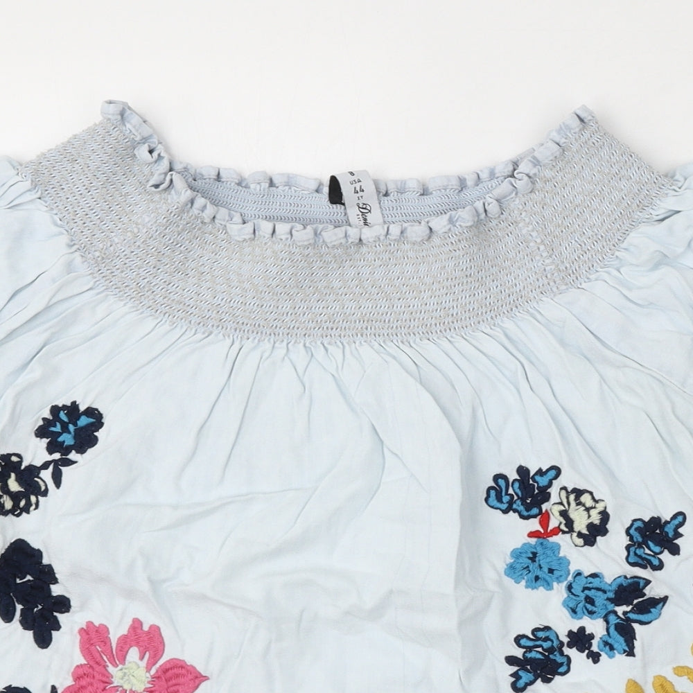 Denim & Co. Womens Blue Floral Cotton Basic Blouse Size 12 Round Neck