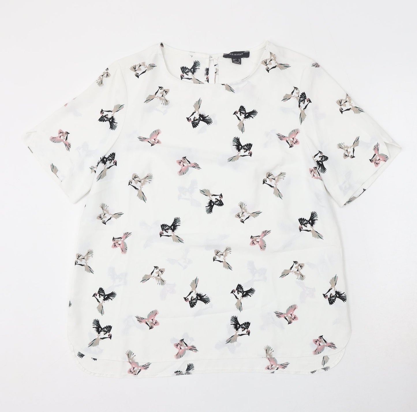 Primark Womens White Geometric Viscose Basic Blouse Size 14 Round Neck - Bird Print