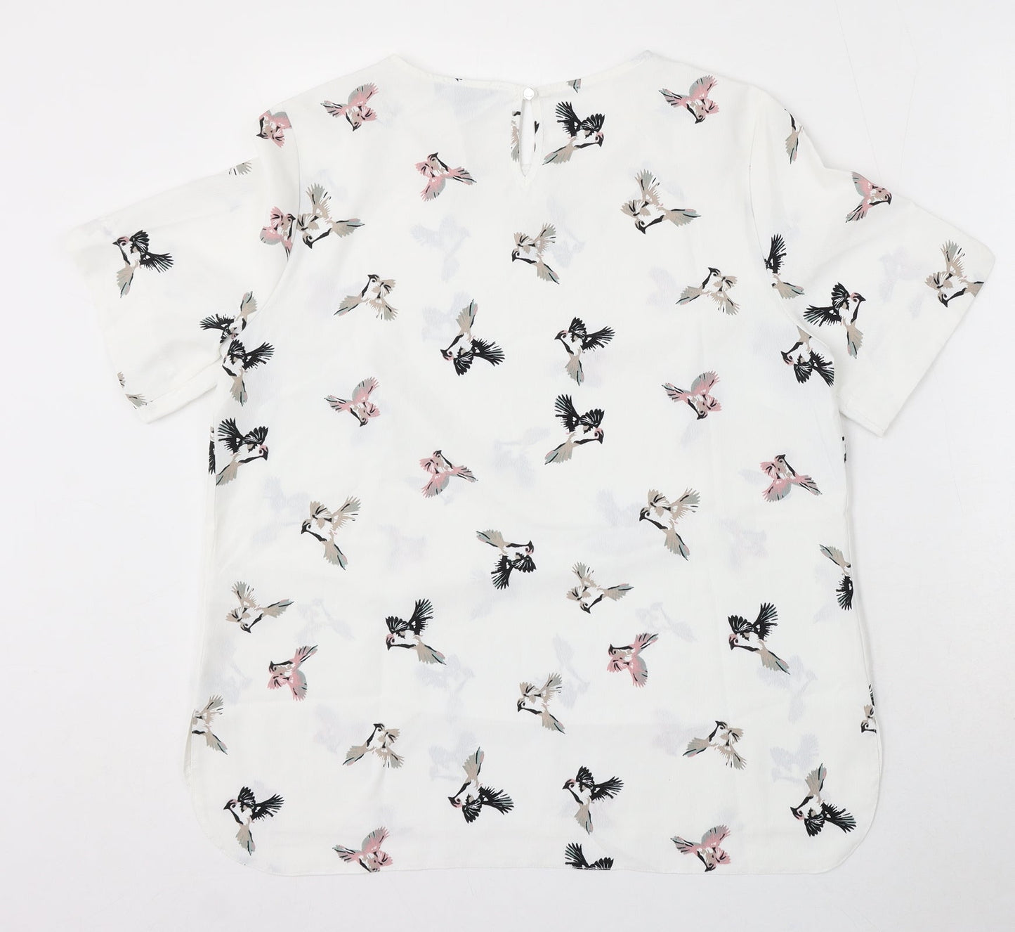 Primark Womens White Geometric Viscose Basic Blouse Size 14 Round Neck - Bird Print