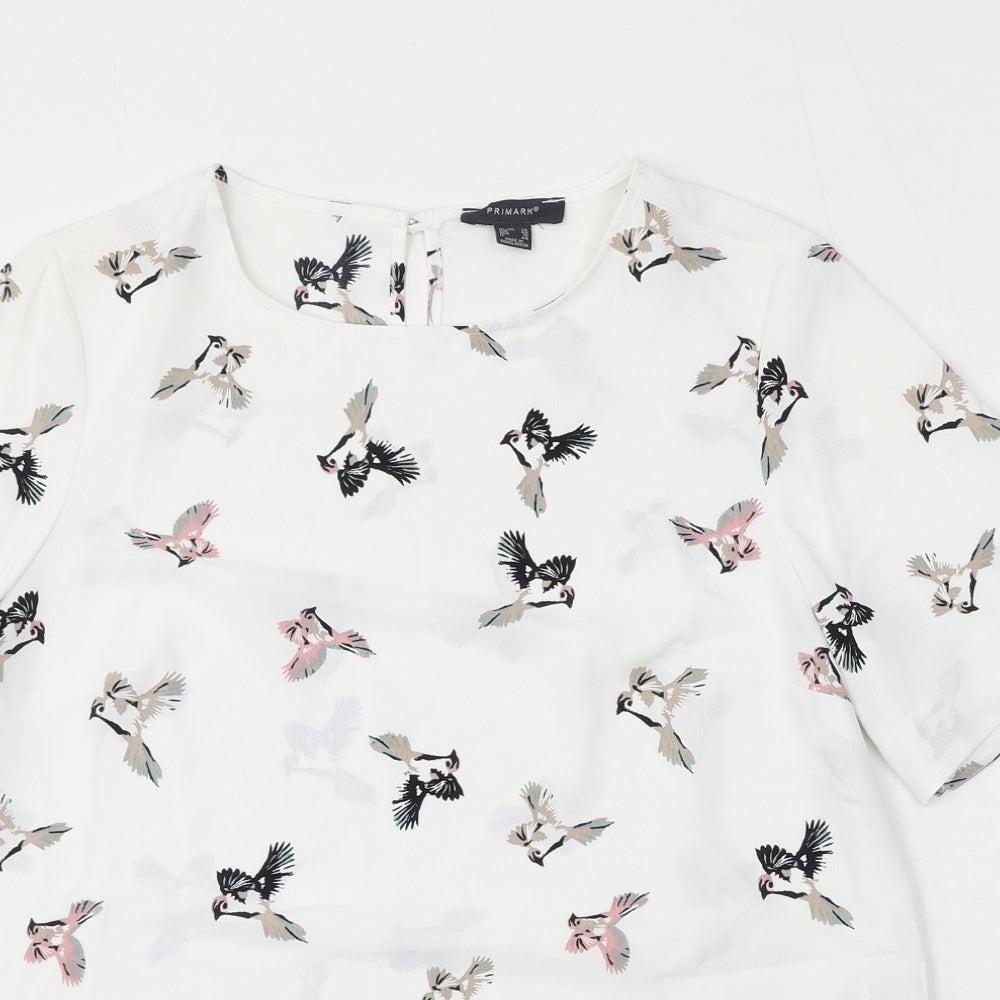 Primark Womens White Geometric Viscose Basic Blouse Size 14 Round Neck - Bird Print