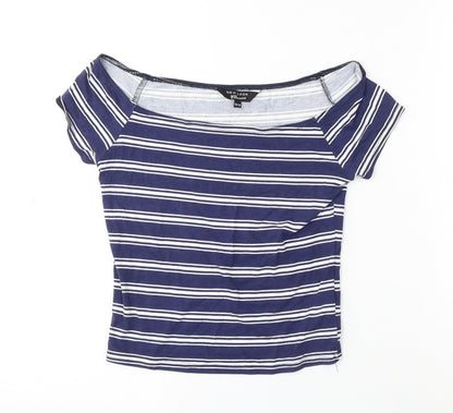 915 Generation Girls Blue Striped Cotton Basic Blouse Size 12-13 Years Off the Shoulder Pullover