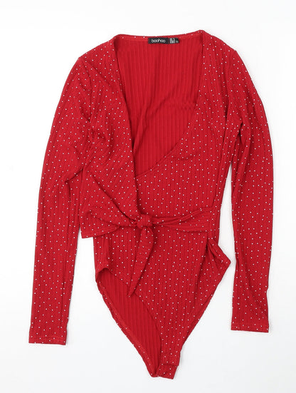 Boohoo Womens Red Polka Dot Polyester Playsuit One-Piece Size 6 Snap