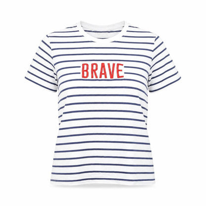Springfield Womens White Striped Polyester Basic T-Shirt Size L Round Neck - Brave