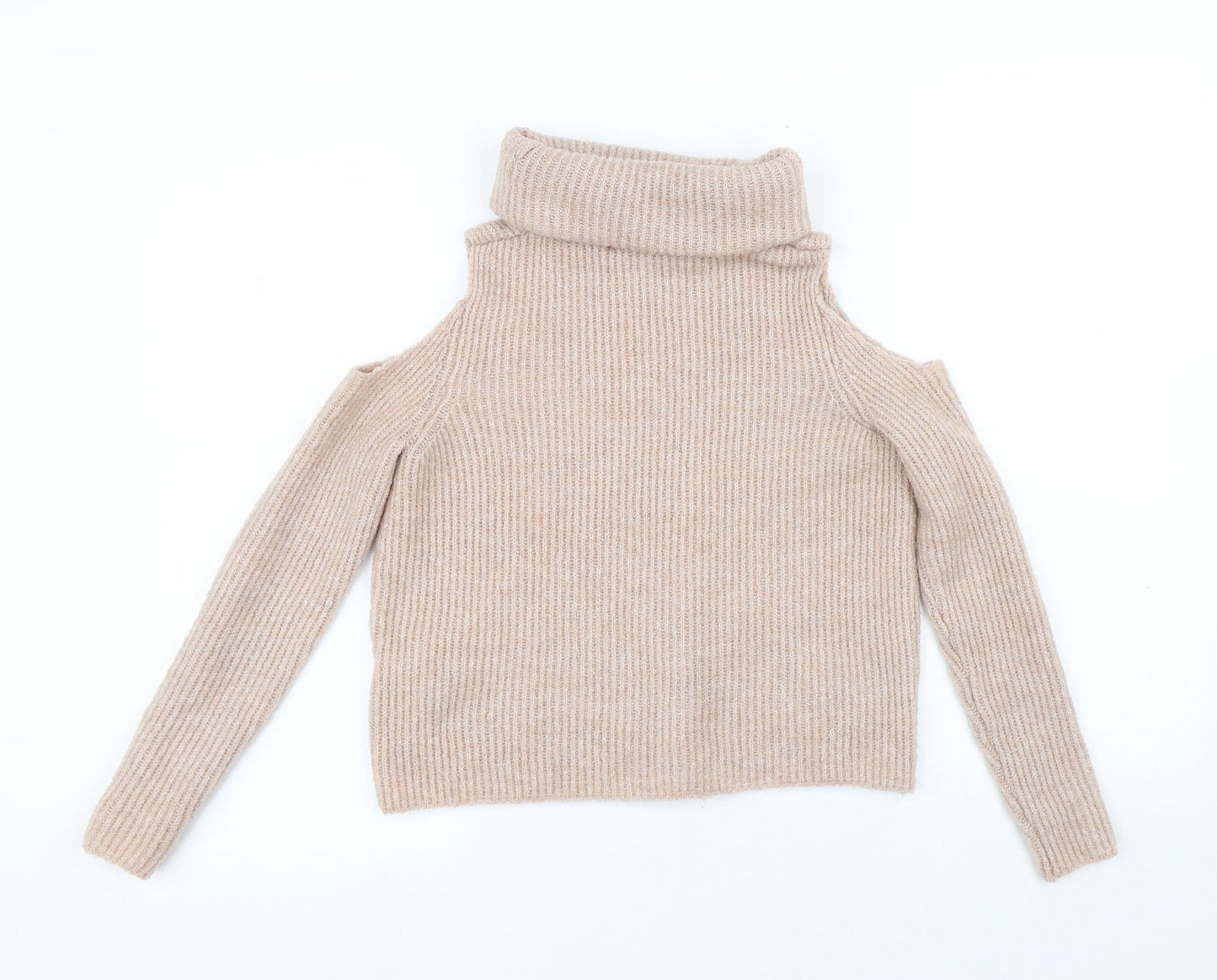 New Look Womens Beige Roll Neck Polyester Pullover Jumper Size 4 - Cold Shoulder