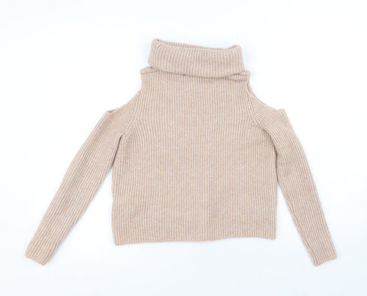 New Look Womens Beige Roll Neck Polyester Pullover Jumper Size 4 - Cold Shoulder
