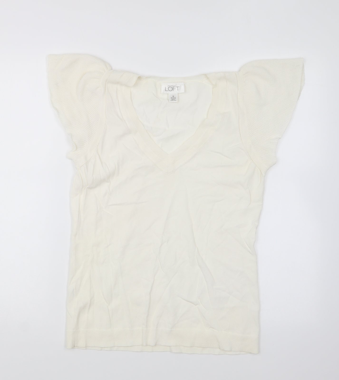 LOFT Womens Ivory V-Neck Rayon Pullover Jumper Size M