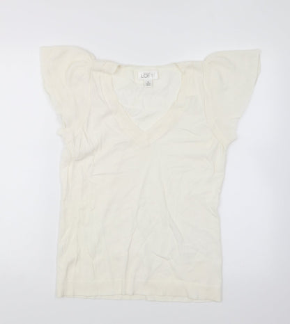 LOFT Womens Ivory V-Neck Rayon Pullover Jumper Size M
