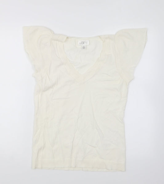 LOFT Womens Ivory V-Neck Rayon Pullover Jumper Size M