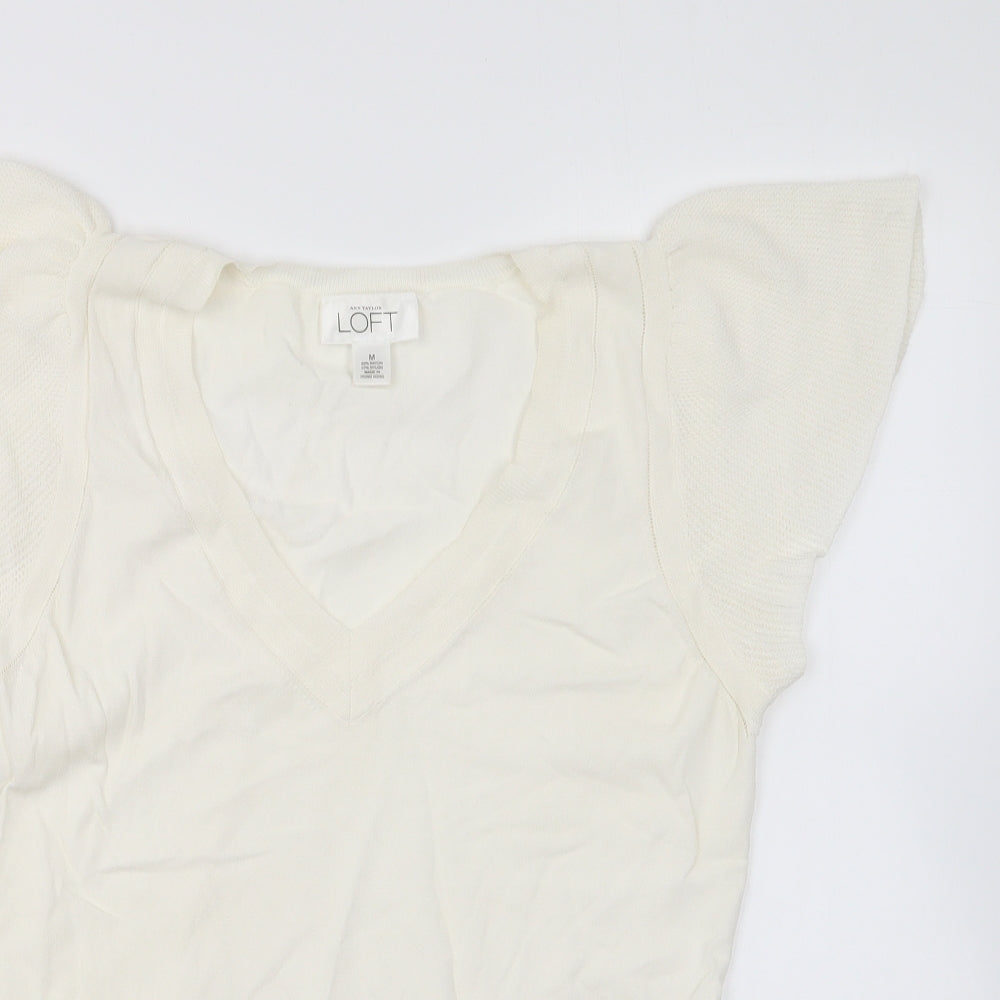 LOFT Womens Ivory V-Neck Rayon Pullover Jumper Size M