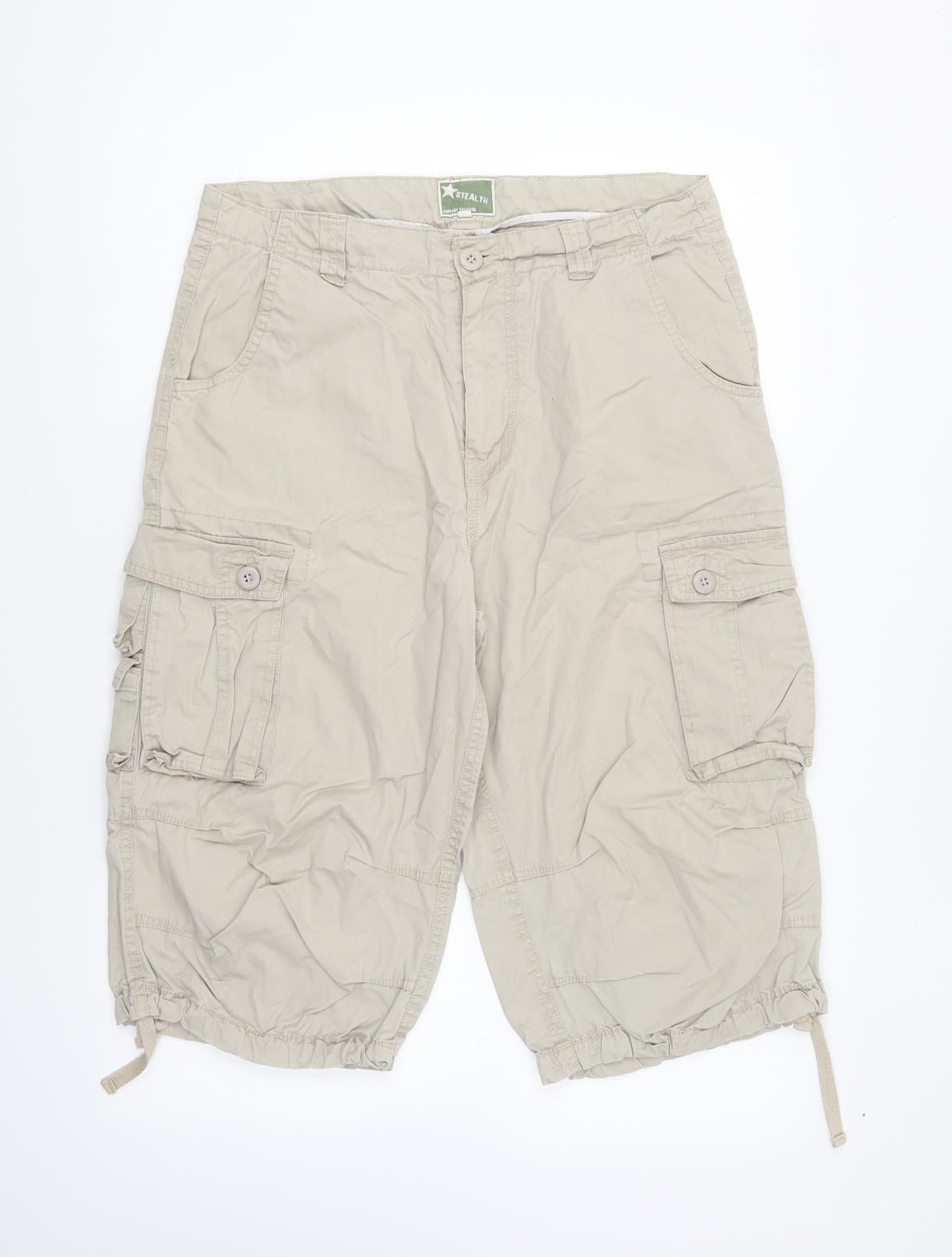 Stealth Mens Beige Cotton Cargo Trousers Size 34 in Regular Button