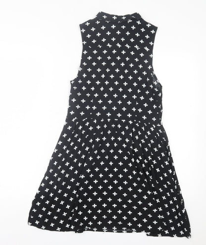 H&M Womens Black Geometric Viscose A-Line Size 12 Collared Zip - Cross Print