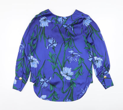 Marks and Spencer Womens Blue Floral Polyester Basic Blouse Size 10 V-Neck